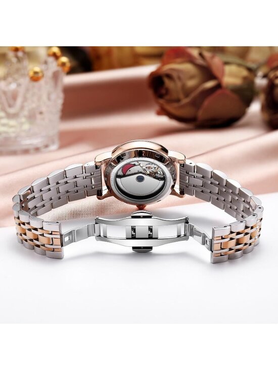 Women\'s Red Silver Elegant Leather Strap Waterproof Moon phase Date Wrist Watch main image 4